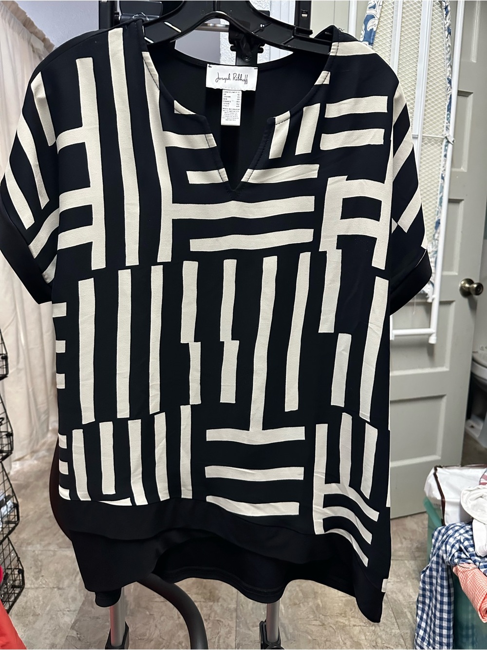 Joseph Ribkoff Black and Cream Geometric Notch-Neck Tunic
